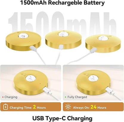 Rechargeable Puck Lights with Remote, 3 Pack Magnetic Under Cabinet Lighting, 1500mAh Battery Operated LED Tap Lights with Dimmer & Timmer for Kitchen, Closet, Shelf - 3 Color Temps & 12 RGB, Gold