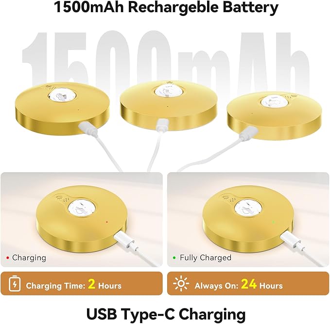 Yiliaw Rechargeable Puck Lights with Remote, Magnetic Under Cabinet Lighting, 1500mAh Battery Operated LED Tap Lights with Dimmer & Timmer for Kitchen, Closet, Shelf，Gold-3 Color Temps-12RGB，12-Pack