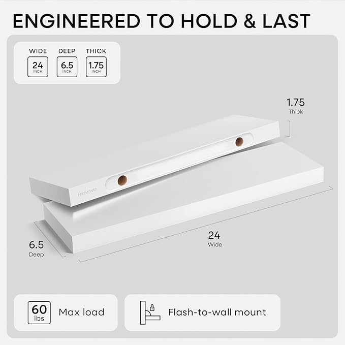 Homeforia White Floating Shelves 24 inch, High End Solid Real Wood 24inch Bathroom Floating Shelf for Wall Mounted, White Wooden 24in Floating Shelves, Heavy Duty Bracket, 24 X 6.5 X 1.75 in, Set of 3