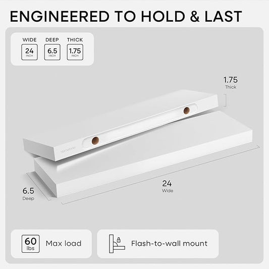 Homeforia White Floating Shelves 24 inch, High End Solid Real Wood 24inch Bathroom Floating Shelf for Wall Mounted, White Wooden 24in Floating Shelves, Heavy Duty Bracket, 24 X 6.5 X 1.75 in, Set of 3