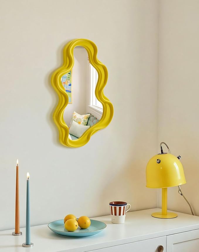 Wavy Wall Mirror Decor for Girly Bedroom Classroom, 16x10 Small Cute Abstract Decorative Mirrors Art Above Dresser Desk Table Decor, Funky Modern Apartment Nursery Room Decoration (Yellow)