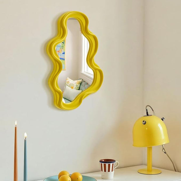Wavy Wall Mirror Decor for Girly Bedroom Classroom, 16x10 Small Cute Abstract Decorative Mirrors Art Above Dresser Desk Table Decor, Funky Modern Apartment Nursery Room Decoration (Yellow)