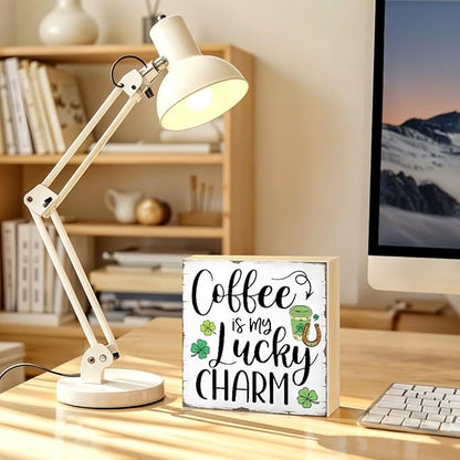 Coffee Is My Lucky Charm Wood Block Plaque Box Sign for Home Living Room Coffee House Bar Shelf Table Office Decoration, St. Patrick's Day Decor Gifts for Men Women Friend Family