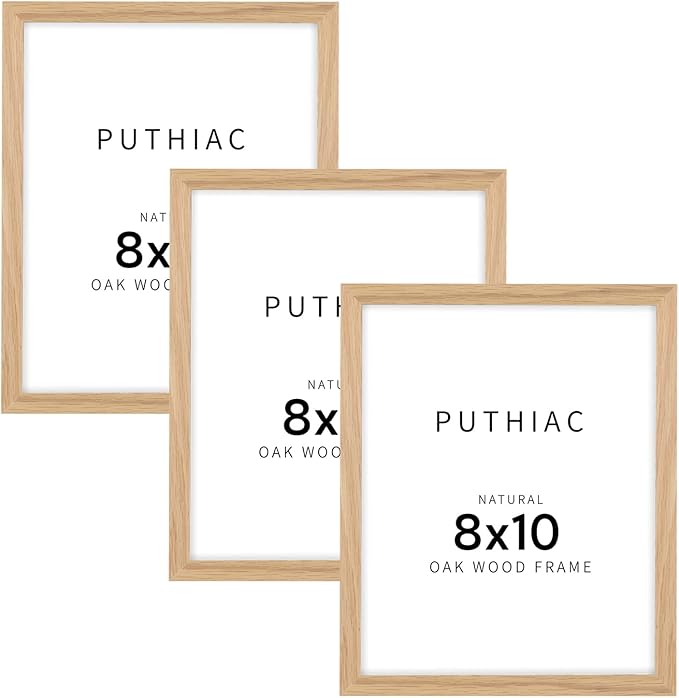 puthiac 8x10 Solid Oak Wood Picture Frame, Fits 6x8 with Mat or 8x10 Without Mat, Wall or Tabletop Display with Stand, Vertical or Horizontal, Plexi Front, 3 Pack, Natural Oak