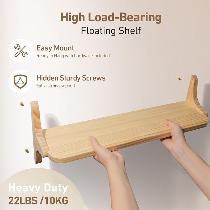 Wooden Floating Shelves for Wall, 23.6" W x 6" D x 0.8" H Large Wall Shelves, Hanging Storage Shelf with Sturdy Brackets for Living Room, Kitchen, Bathroom, Bedroom Decor, Natural, 2 Packs