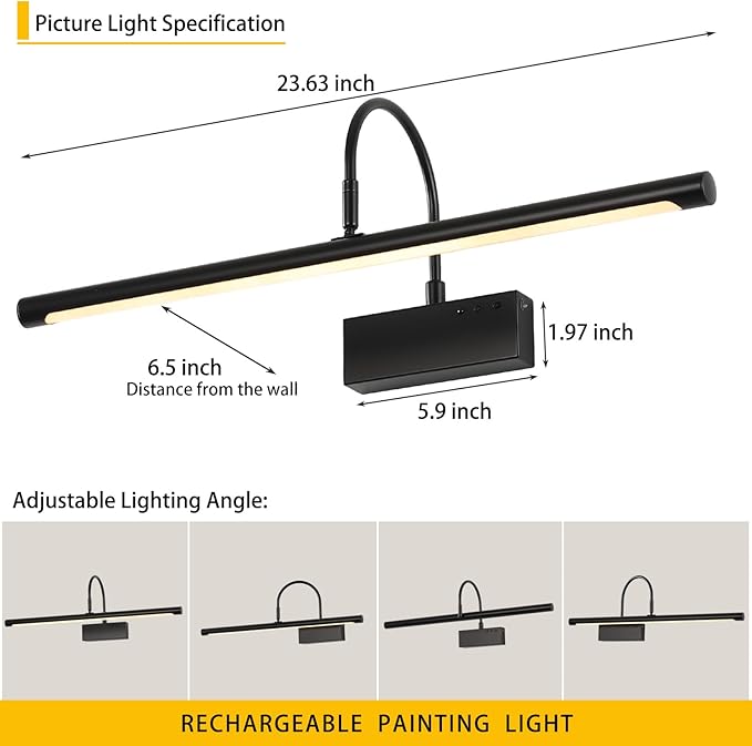 Battery Operated Picture Light with Remote, 24 inch Wireless Rechargeable Art Light with Timer, Dimmable 3CCT Gallery Lighting for Paintings, Portraits, and Canvas (Black)
