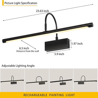 Battery Operated Picture Light with Remote, 24 inch Wireless Rechargeable Art Light with Timer, Dimmable 3CCT Gallery Lighting for Paintings, Portraits, and Canvas (Black)