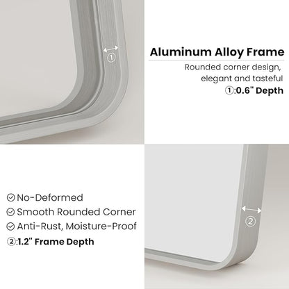 Brushed Nickel Bathroom Mirror 28x36 Inch, Brushed Silver Metal Frame Mirror Wall Mounted, Rounded Rectangle Bathroom Vanity Mirror, Tempered Glass, Anti-Rust, Horizontal/Vertical