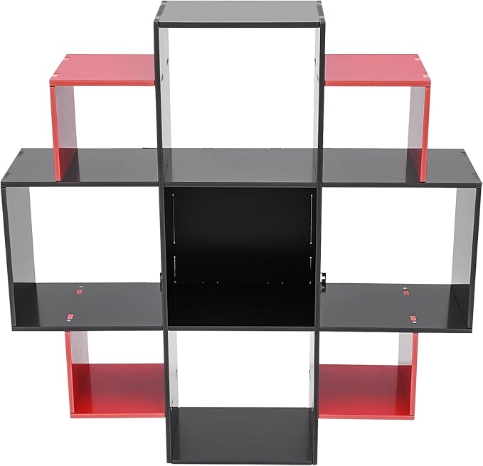 3-Tiers Wall Mounted Geometric Bookshelf, Morden Irregular Nine-Grid Bookshelf, 90cm Tall Decorative Display Shelf (Red+Black)