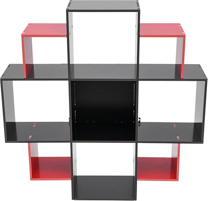 3-Tiers Wall Mounted Geometric Bookshelf, Morden Irregular Nine-Grid Bookshelf, 90cm Tall Decorative Display Shelf (Red+Black)