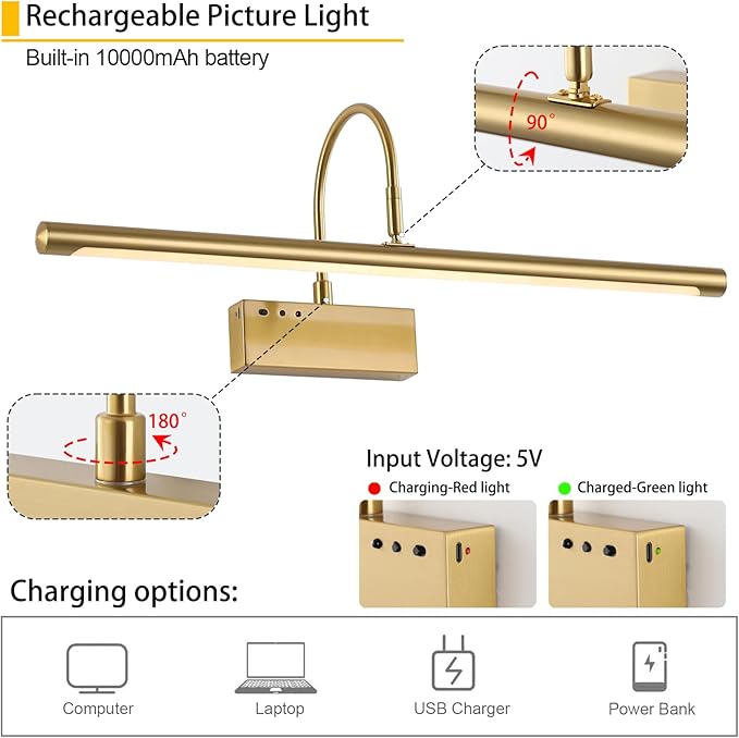 Battery Operated Picture Light with Remote, 24 inch Wireless Rechargeable Art Light with Timer, Dimmable 3CCT Gallery Lighting for Paintings, Portraits, and Canvas (Brass, 23.6inch)