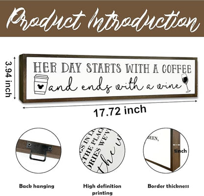 Coffee Wood Signs, Farmhouse Home Kitchen Decor, Rustic Coffees Bar Decors, Wall Decor Art, Her Day Starts with A Coffee & Ends with A Wine Sign, 17.8x4x1.2 inches