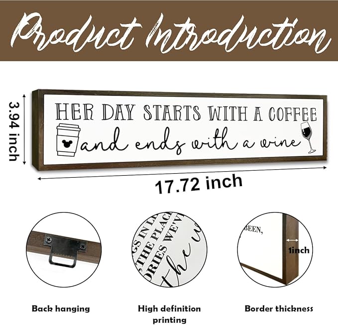 Coffee Wood Signs, Farmhouse Home Kitchen Decor, Rustic Coffees Bar Decors, Wall Decor Art, Her Day Starts with A Coffee & Ends with A Wine Sign, 17.8x4x1.2 inches