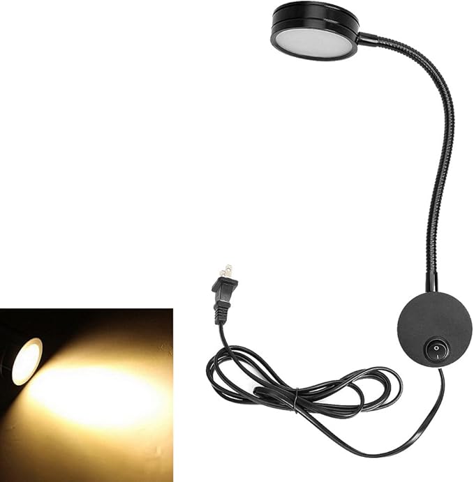 Onerbuy Youngine 5W Plug Wired Flexible Gooseneck Wall Sconce Reading Lamp Art Works Show Accent Light Wall Mount Spot Lamp Fixture with On/Off Switch (Round Black-Warm White)