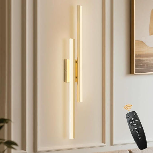 LED Wall Sconce Gold Modern Remote Wall Light Fixtures for Living Room, Dimmable LED Vanity Light Indoor Remote Wall Sconce for Bedside Bedroom Bathroom Dining Room, 31.5inch 1 Pack