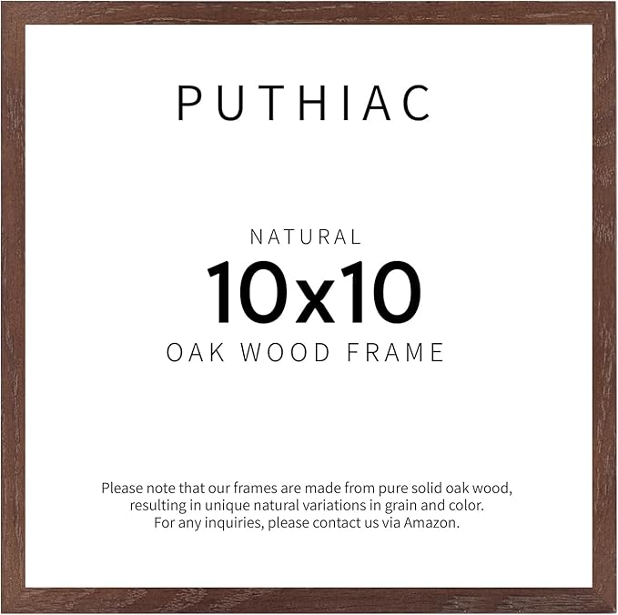 puthiac 10x10 Solid Oak Wood Picture Frame, Fits 6x6 with Mat or 10x10 Without Mat, Wall Display Only, Plexi Front, 1 Pack, Walnut