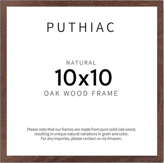puthiac 10x10 Solid Oak Wood Picture Frame, Fits 6x6 with Mat or 10x10 Without Mat, Wall Display Only, Plexi Front, 1 Pack, Walnut