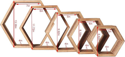 Hexagon Shelves for Wall,Hexagon Floating Shelf Set of 5,Honeycomb Shelves Octagon Hanging Cube Rustic Wood Wall Mounted for Living Room Bedroom Kitchen Bathroom Office Home Decor（Carbonized Brown）