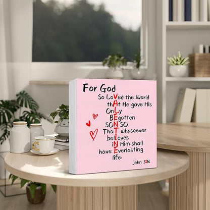 Valentines Day Decor - Valentines Decor - Christian Desk Sign - John 3:16 Scriptures Wood Sign Home Bedroom Desk Shelf Table Decorations 5×5 Inches