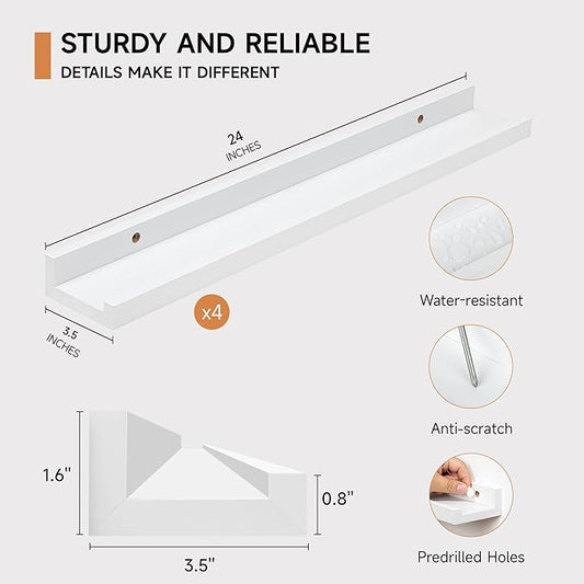 Fun Memories Picture Ledge Shelf for Wall, Floating Shelves Set of 4, 24 Inch Long Nursery Book Shelves for Toys Storage, Kids Bookshelf Wall Mounted for Books Photo Frames, White