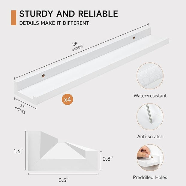 Fun Memories Picture Ledge Shelf for Wall, Floating Shelves Set of 4, 24 Inch Long Nursery Book Shelves for Toys Storage, Kids Bookshelf Wall Mounted for Books Photo Frames, White