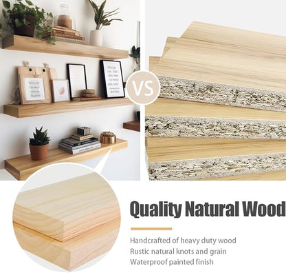 Habudda Floating Shelves, Wooden Wall Shelf for Rustic Decor, Hanging Display Shelving for Bedroom Bathroom Kitchen Living Room, Natural Wood, Invisible Bracket, 23.6"×6.7"×1.6", 2-Pack