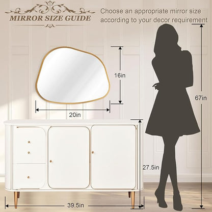 Irregular Mirror for Wall, Gold Wall Mirrors Decorative 20"x16" Asymmetrical Mirrors Aluminum Alloy Frame for Bathroom, Bedroom, Living Room, Cloakroom, Entryway