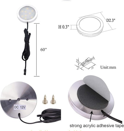 AIBOO 12V LED Under Cabinet Lighting Kit 3 Packs Slim Aluminum Puck Lights with 2-Way Switch All Accessories Included for Counter Closet Lighting 6W (Warm White)