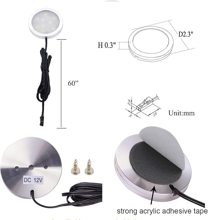 AIBOO 12V LED Under Cabinet Lighting Kit 3 Packs Slim Aluminum Puck Lights with 2-Way Switch All Accessories Included for Counter Closet Lighting 6W (Daylight White)