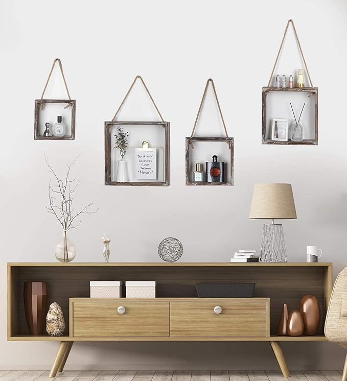 J JACKCUBE DESIGN Wall Decor Floating Hanging Square Shelves Wall Mounted Rustic Wood Cube Display Shelf Shadow Boxes Decorative Boho Home Décor for Living Room, Bedroom, Office, Set of 4 - MK571A