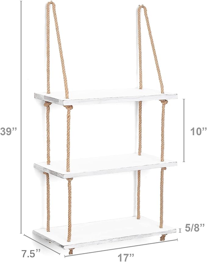 Mkono Hanging Shelves 3 Tier White Wood Wall Mount Floating Shelf with Rope Boho Decor for Living Room Bathroom Bedroom Kitchen Apartment - Rustic Wood Decorative Storage Shelf