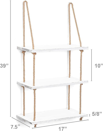 Mkono Hanging Shelves 3 Tier White Wood Wall Mount Floating Shelf with Rope Boho Decor for Living Room Bathroom Bedroom Kitchen Apartment - Rustic Wood Decorative Storage Shelf
