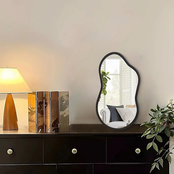 AAZZKANG Irregular Wall Mirror with Wood Framed Small Asymmetrical Black Hanging Mirrors for Bedroom Living Room Bathroom Entryway Dressing Room Decorative