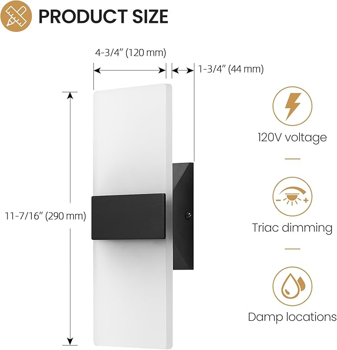 Modern LED Wall Sconce, 5CCT Dimmable Black Wall Lights, 12W 800LM 2700K-5000K Adjustable, Hardwired Indoor Up and Down Acrylic Wall Light Lighting for Living Room Bedroom Hallway, ETL