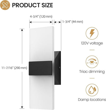 Modern LED Wall Sconce, 5CCT Dimmable Black Wall Lights, 12W 800LM 2700K-5000K Adjustable, Hardwired Indoor Up and Down Acrylic Wall Light Lighting for Living Room Bedroom Hallway, ETL