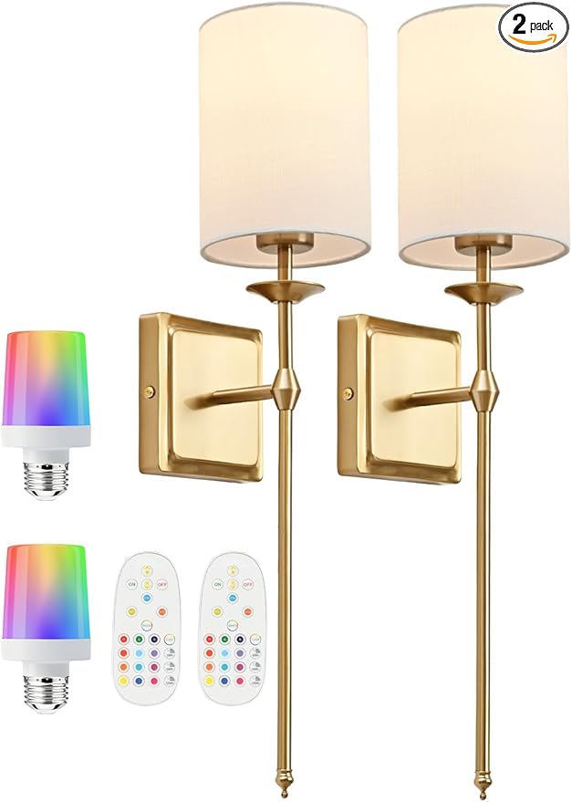 Battery Operated Wall Sconces Set of 2 Gold Sconces Wall Decor Cordless Wall Sconces with Remote 12 Colors Modes Rechargeable Wireless Wall Lights Wall lamp for Bedroom Living Room