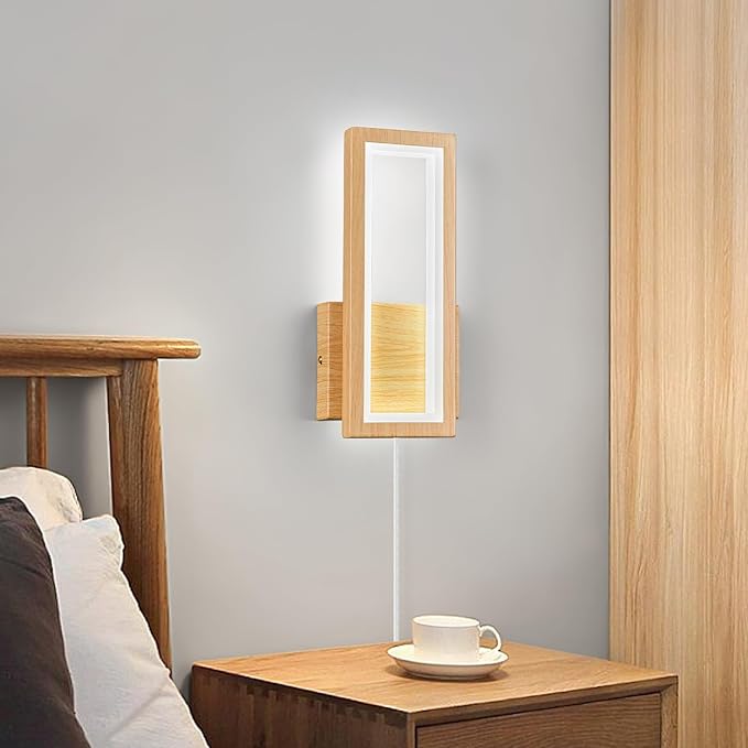 Modern Wood Color Plug in Wall sconces Set of Two 18W Indoor LED Simple Wall Fixture 6000K Rectangle Vanity Wall Lights for Living Room Bedroom Hallway Stairs(2Pack)