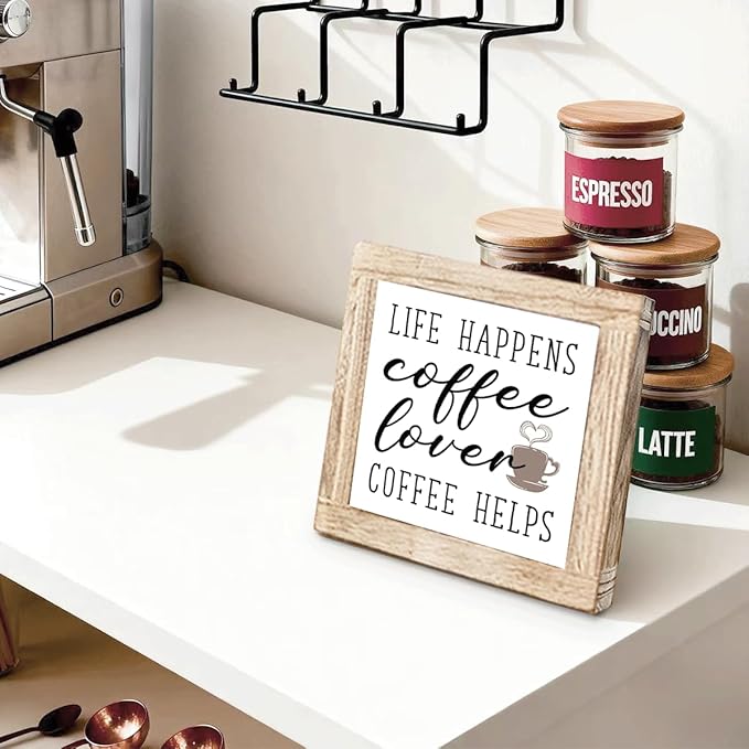 Coffees Wood Sign Life Happens Coffee Helps Wooden Decor Sign for Cafe Bar Inspirational Coffees Decor To Kitchen Home Office Ideal Gift For Coffee Lover Handmade Wood Plaque 5.9x5.9 Inch