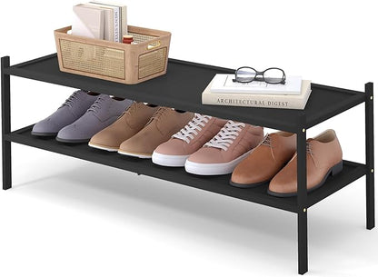 Smiry Bamboo Long Shoe Rack, 2 Tier Shoe Organizer for Entryway & Closet, Stackable Free Standing Storage Shelf for Shoes, Bags & Plants, Black