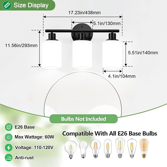 3-Light Bathroom Light Fixtures, Black Modern Vanity Lights with Milky White Frosted Glass Shades, Bathroom Wall Lamp for Mirror Kitchen Living Room Hallway Cabinet Porch