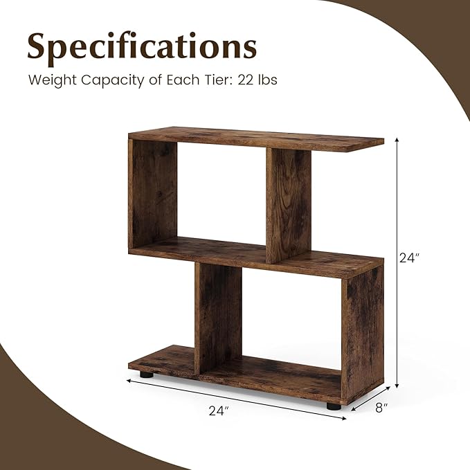 Giantex 3-Tier Geometric Bookshelf, 24" Tall Wood S-Shaped Display Shelves with Thick Foot Pads, Freestanding Open Shelves Nightstand, Floor Standing Display Shelf Bookcase, Brown