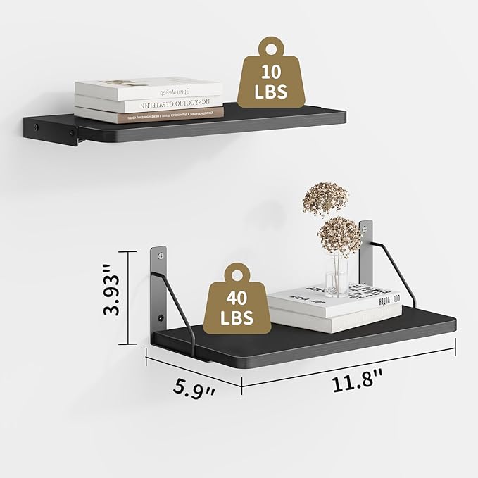 Wooden Floating Shelves for Wall, Floating Shelf for Bedroom Kitchen Decor, Wall Mounted Rustic Farmhouse Wood Shelf for Books, Plants, Set of 3 (Black, M (Rectangular))
