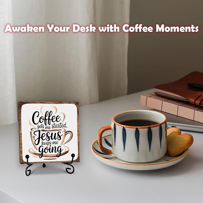 Coffee Gets Me Started Jesus Keeps Me Going - 5'' Rustic Cafe Wooden Sign With Metal Stand - Religion Wooden Plaque Tabletop Decor Gifts For Coffee Lover Christians - Home Kitchen Decor & Supplies-B05
