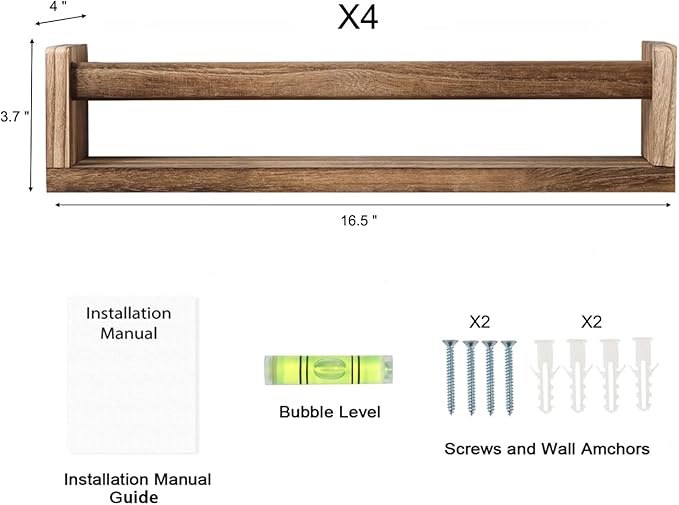 Nursery Room Shelves Set of 4, Wood Floating Book Shelves for Kids Room, Baby Book Shelf for Nursery, Kitchen Spice Rack (Carbonized)