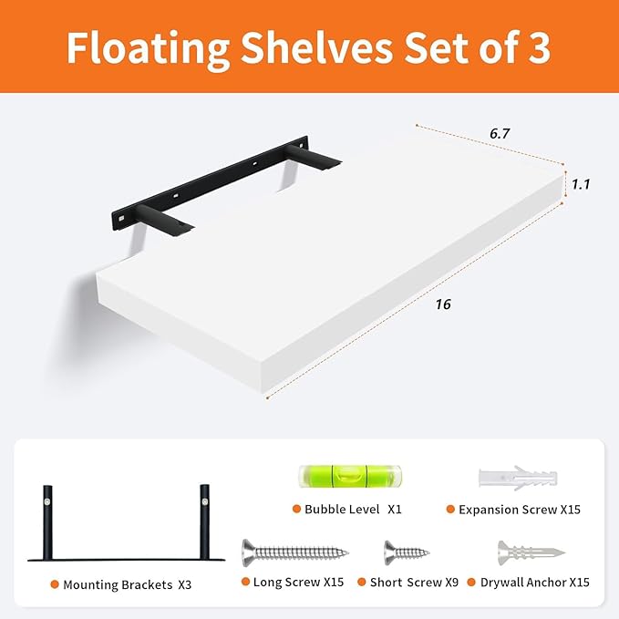 White Floating Shelves for Wall Set of 3, 16