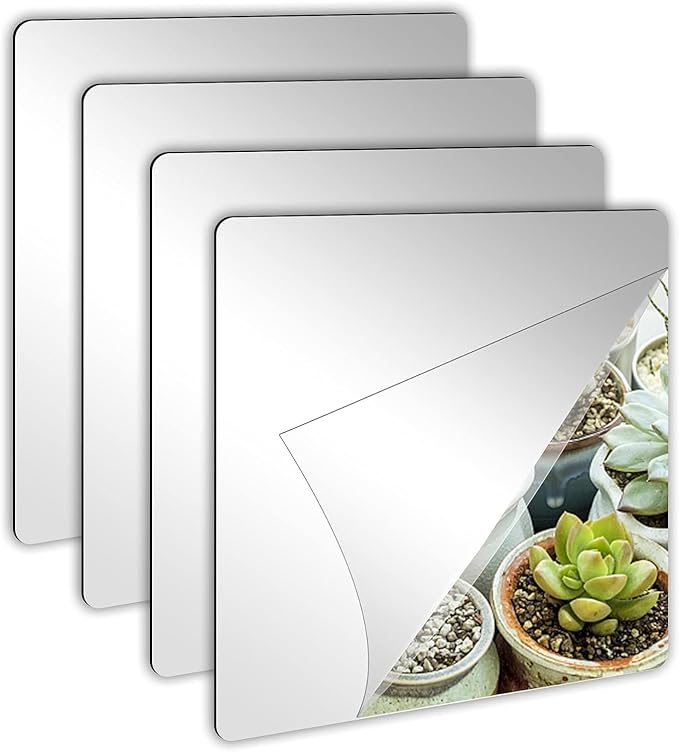JUNEBRUSHS 4 Pack Self Adhesive Acrylic Mirror, 8 x 8 Inch Mirror Tiles,Flexible Plastic Mirror Sheets Wall Stickers,2MM Thick Mirrors