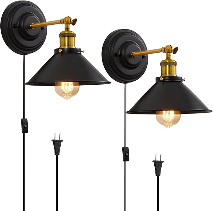 Lightess Plug in Wall Sconces Set of 2, Vintage Plug in Wall Light with 6FT On/Off Switch, Rotatable Mounted Lamps for Bedroom Living Room