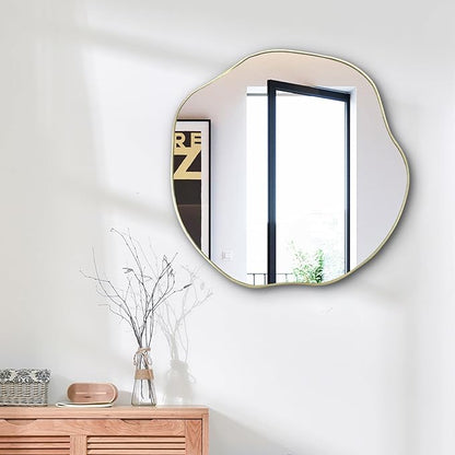 POZINO Gold Irregular Mirror, 20" Asymmetrical Wall Mirror, Scalloped Rounded Mirrors, Modern Frameless Abstract Mirrors for Living Room Bedroom Bathroom Entryway Hallway Fireplace