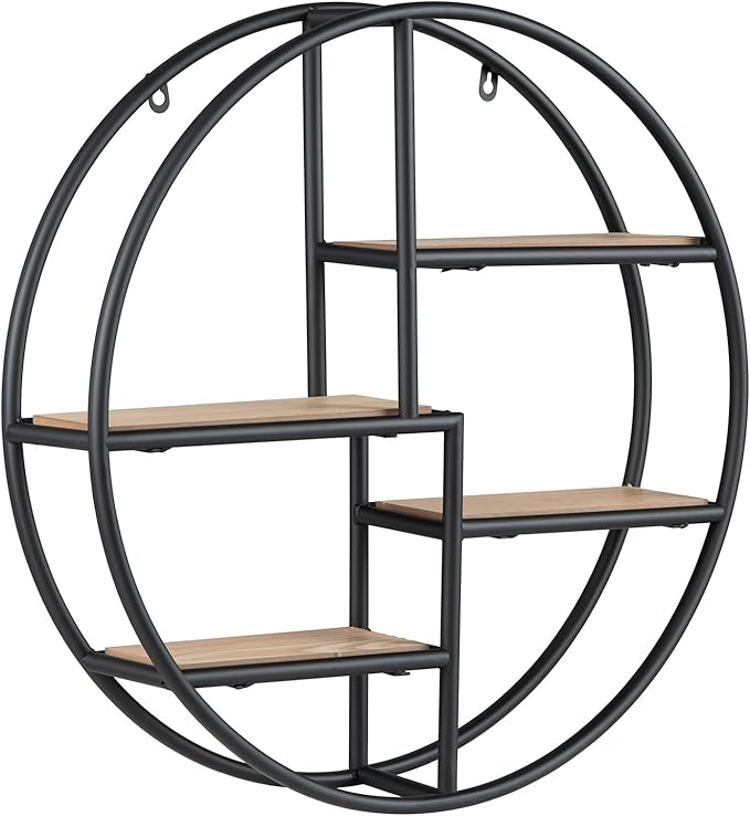 Giantex Industrial Style Round Wall Shelves, 4-Tier Decorative Circle Metal and Wood Wall Shelf for Display & Storage, Modern Geometric Wall Mounted Display Organizer for Living Room, Bedroom, Study