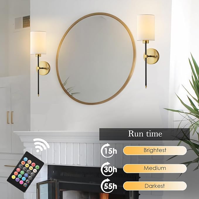 Battery Operated Wall Sconce Set of Two, Wireless Rechargeable Wall Light With Remote Control, Dimmable, 4 Color Temperatures, RGB, Timer, for Living Room,Bedroom,Entryway, Black Gold, 20.6 Inch